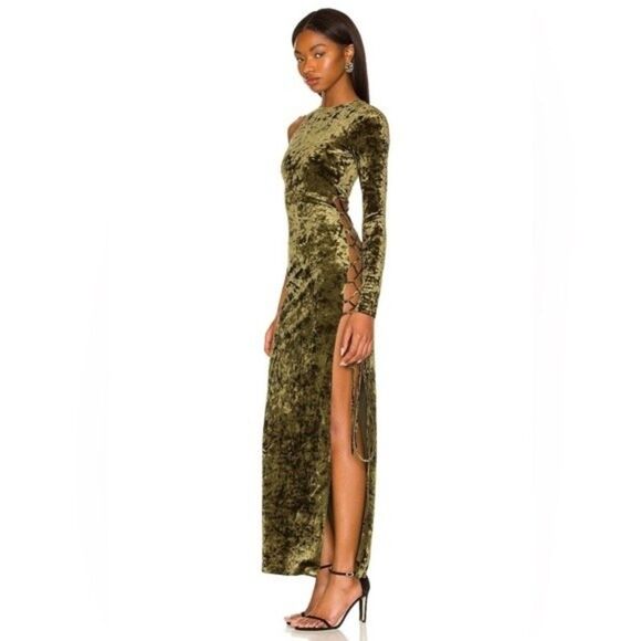 CAMILA COELHO Green Velvet One Shoulder Cutout Lace-Up Maxi Gown party dress XS - Picture 11 of 14